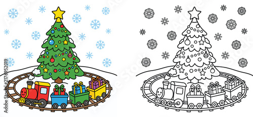Christmas tree with toy train and gift boxes coloring page and colorful vector illustration for kids holiday activity book