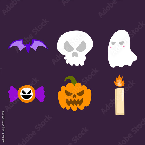 Halloween bat skull ghost candy pumpkin candle icons graphic purple dark background.