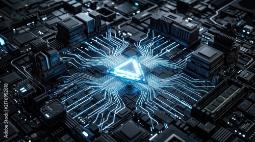 Obraz na płótnie Futuristic Computer Processor Chip with Glowing Blue Circuitry Patterns