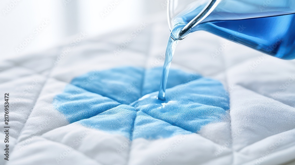 Naklejka premium Blue liquid is being poured onto a white mattress with a quilted surface, creating a visible wet stain.