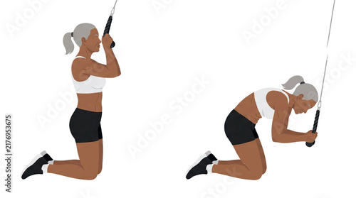 Senior woman performing kneeling cable crunch exercise demonstrating core strength and controlled movement in fitness training setting, focused posture and muscle engagement