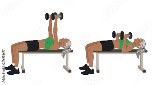 Mature woman lying on bench performing dumbbell chest press showing upward and lowered positions for upper body strength training and stable form