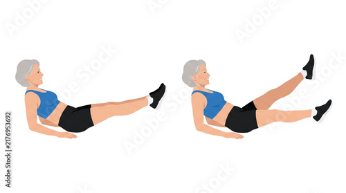 Older woman performing lying leg raises and alternating scissor leg exercise demonstrating core strengthening, hip control and dynamic abdominal workout on mat