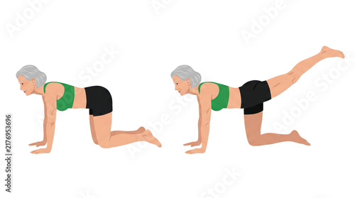 Senior woman on hands and knees performing leg extension donkey kick exercise for glute activation, balance and core stability in workout session