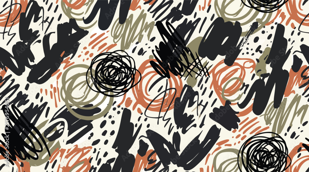 Naklejka premium Seamless vector textile pattern featuring abstract ink scribbles, chaotic brush strokes, and modern artistic doodles in muted earth tones