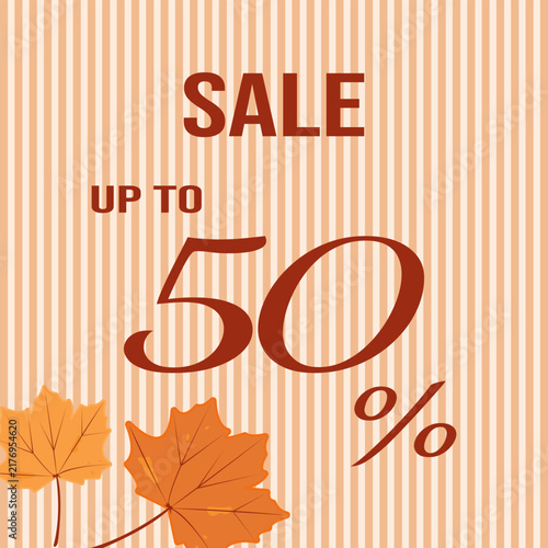 Fall promotion background with autumn leaves and 50% off text. Flat vector illustration. 50% off banner, sale discount, promotion offer.