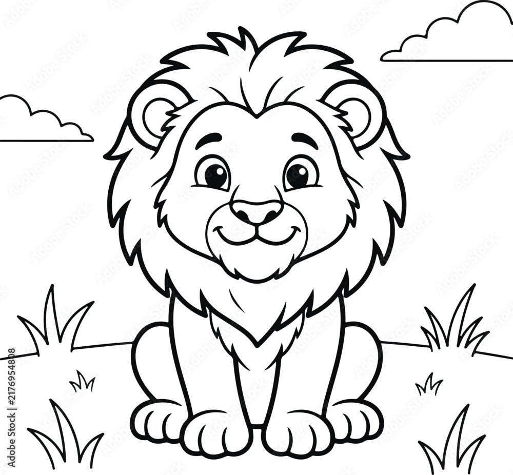 Fototapeta premium Cute cartoon lion sitting in the grass, coloring page for kids