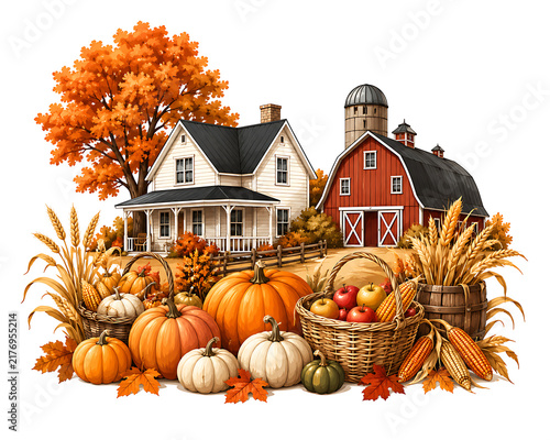 Cozy Autumn Farm Harvest Scene, autumn farm, fall harvest, farm harvest scene, cozy autumn farm, harvest season, autumn countryside, rural landscape, farmhouse, rustic farm, harvest festival, seasonal