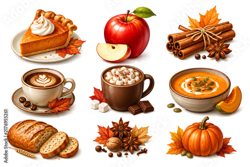 Cozy Autumn Food and Spice Icon Set, autumn food icons, fall food icon set, autumn spice icons, cozy food icons, seasonal food, autumn ingredients, fall ingredients, spice collection, pumpkin spice, c