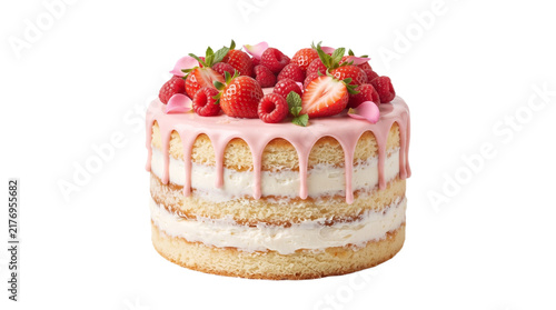 Gourmet strawberry naked cake with pink drip icing, layered sponge cake with fresh berries, elegant birthday dessert on white background