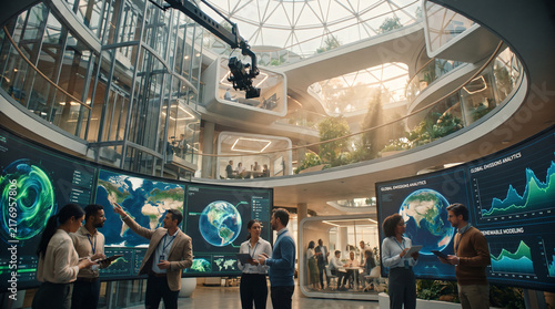 Futuristic Office with Global Data Analytics Display