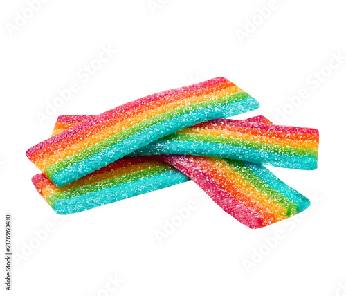 Rainbow Sour Candy Belts Stacked Sweet Gummy Strips Isolated on Transparent Background