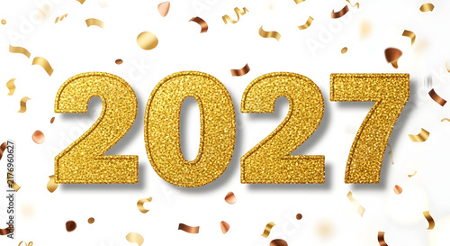 A festive golden happy new year 2027 celebration design featuring shiny metallic numbers surrounded by falling confetti isolated on a clean white background for holiday