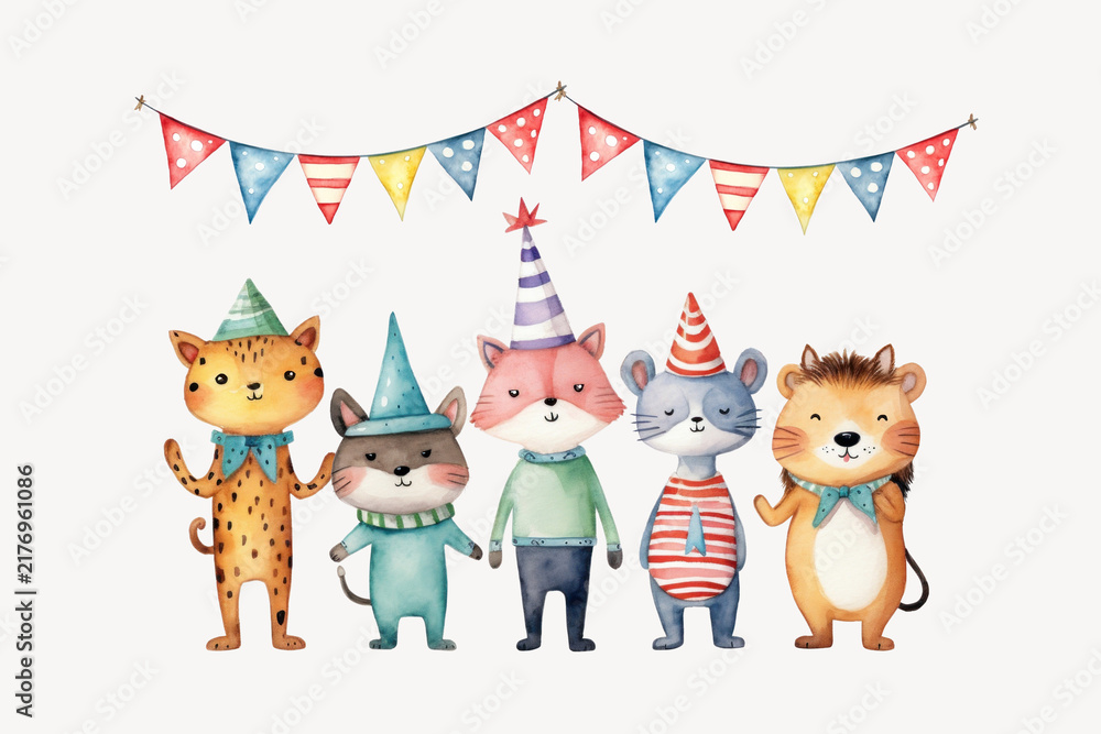 Obraz premium Birthday animal cartoon, watercolor illustration remix