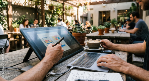Creative professional works remotely in a relaxed coworking cafe with tablet.