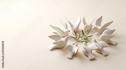 Ceramic dove figurines arranged in a circle with an olive branch