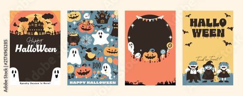 ハロウィンパーティーのかわいいイラスト縦長_ハロウィーンのカードやポスター等に使えるフレーム_かぼちゃモチーフや柄背景