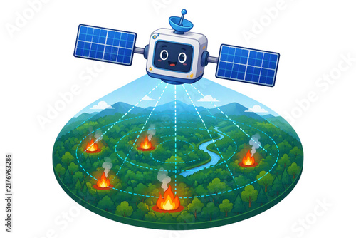 Cute Satellite Robot Scanning Forest Fires for Environmental Protection and Real Time Wildfire Monitoring Surveillance