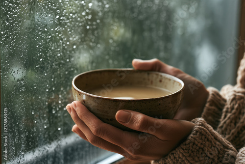 Hands hold warm soup beside a rain covered window