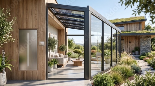 Eco friendly modern residence with glass solar panel roof canopy, energy storage unit on wooden wall, and cozy outdoor lounge patio furniture in daytime