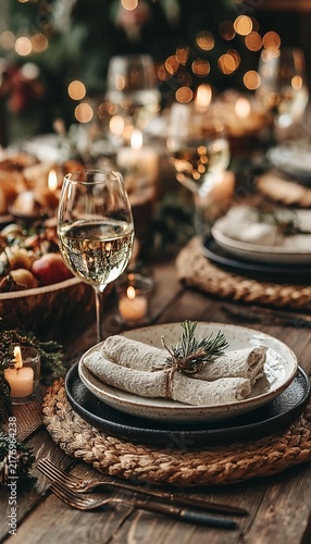 Rustic Winter Dining Hall Atmosphere with Lit Candles and Glowing Seasonal Decorative Tableware Sets