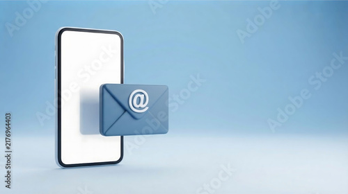 Blank white smartphone with a 3D blue email icon on a sky-blue background with copy space. Clean modern digital communication and messaging concept.