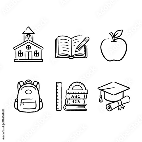 School illustration icon set on outline brush effect