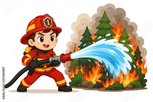 Little Brave Firefighter Putting Out a Forest Fire With a Water Hose Vector Illustration