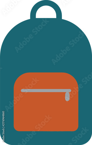 Teal backpack with orange front pocket, minimalist flat design, isolated on white background.