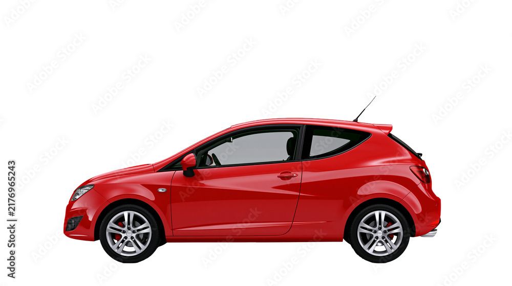 Naklejka premium Red three-door hatchback car side view with alloy wheels