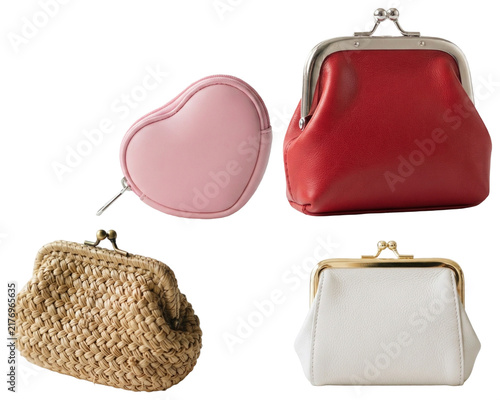 Bild auf Leinwand A set of compact clasp coin purses in different shapes, colors, and materials, from glossy and heart-shaped to woven straw