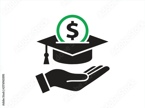 Education funding icon with graduation cap and dollar coin. Student loan and scholarship concept. Financial aid vector illustration.