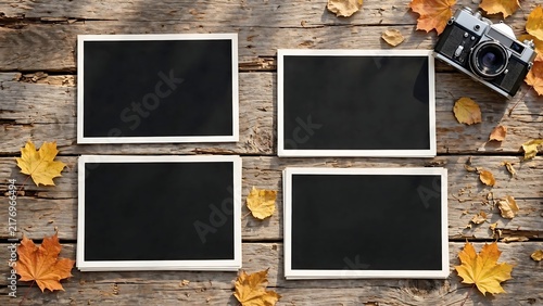 Flat-lay photograph on a rustic wood plank surface showing arranged four blank rectangular photo prints with a vintage camera on the corner, scattered autumn leaves bathed in soft natural lighting
