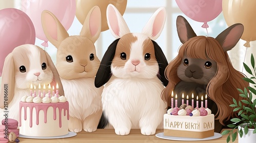 Four adorable young rabbits celebrate a special occasion with birthday cakes and balloons.