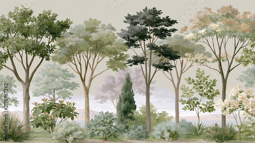 A collection of diverse trees and foliage forms a serene natural landscape.