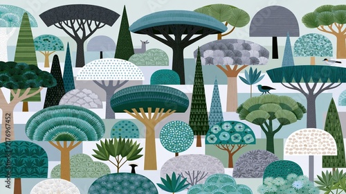 Diverse stylized trees create a whimsical forest landscape.