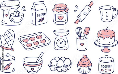 Cute Baking Tools and Kitchen Doodle Vector Illustration Set