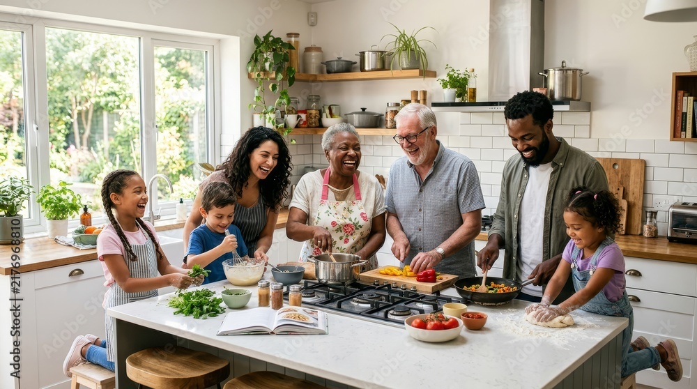 Obraz premium Multigenerational Family Cooking Together in Modern Kitchen.