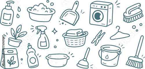 Hand Drawn Cleaning and Laundry Supplies Doodle Vector Set