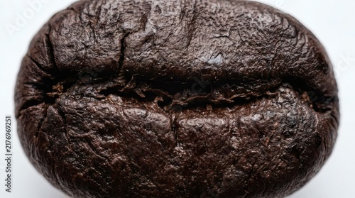 Extreme macro close up shot of a single dark roasted coffee bean grain.