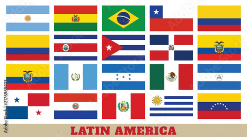 Vibrant collection of national flags from diverse Latin American countries arranged in a grid pattern layout