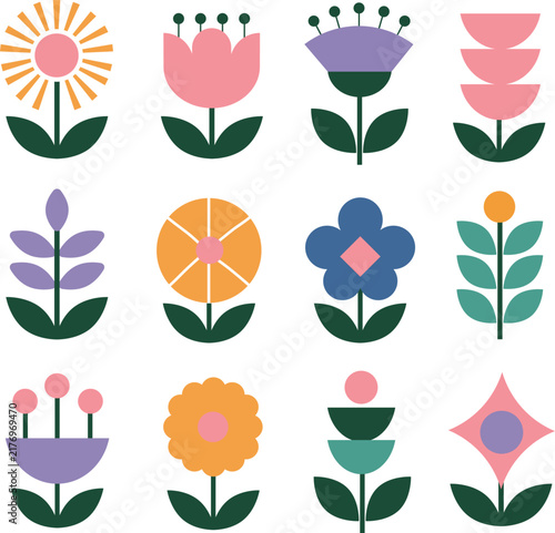 Colorful Geometric Folk Flowers and Botanical Elements Vector Set