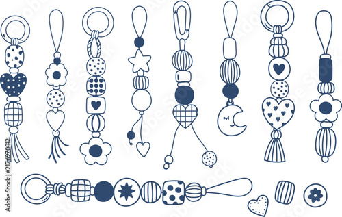 Cute Hand Drawn Keychains and Bag Charms Vector Set