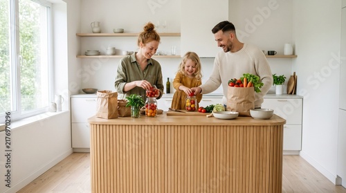 Happy family unpacking fresh groceries in modern kitchen island