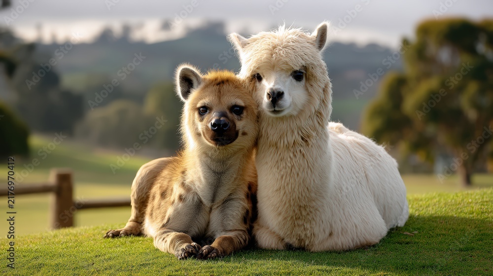 Obraz premium Cute Spotted Hyena and White Alpaca Resting Together on Grass
