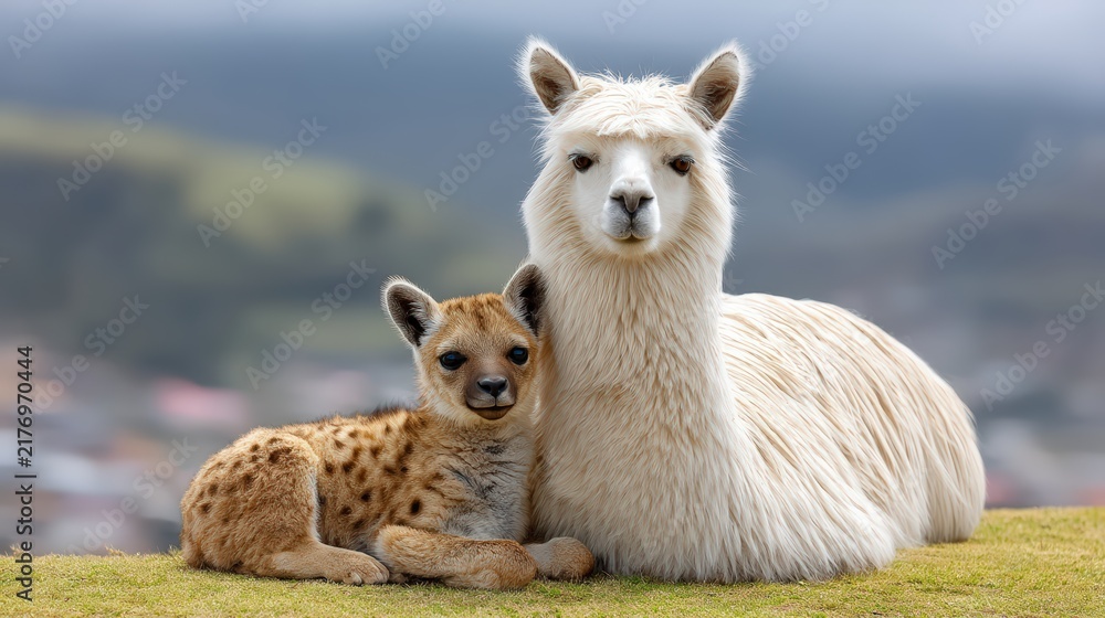 Fototapeta premium A cute white alpaca and a young spotted hyena cub lying together in nature