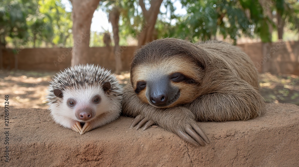 Obraz premium A cute sloth and a hedgehog resting together outdoors in nature