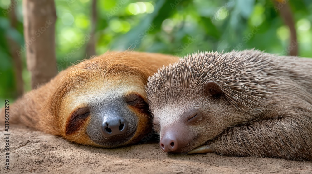 Fototapeta premium Sloth and hedgehog sleeping together outdoors
