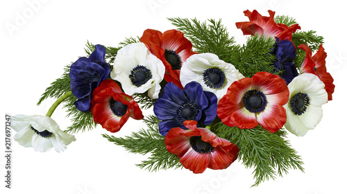 Foto Red white and blue anemone flower bouquet with green fern foliage