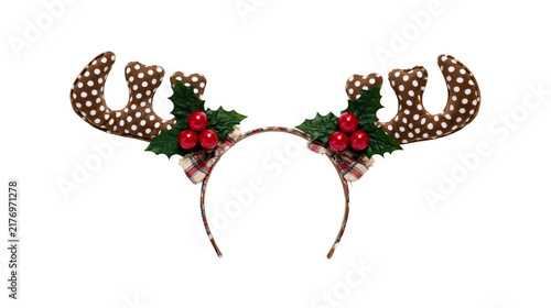 Foto Brown polka dot fabric reindeer antlers headband with holly leaves and red berri